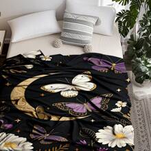 1PC Flannel Blanket With Butterfly, Moon And Flower Patterns, Machine Washable, Soft And Comfortable, Lightweight Wool Blanket, Comfortable Air Conditioning Blanket, Home Decoration, Suitable For All Seasons, Christmas And Halloween Friend Gifts, Suitable For Sofas, Beds, Cars, Offices, Camping, Travel