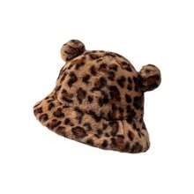 女士可爱柔软女孩毛绒绒球豹纹蓬松渔夫帽，温暖百搭韩版熊耳帽秋季服装 - 仿兔毛小熊漁夫帽 - 查看 10