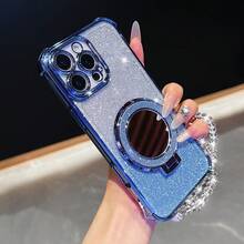 粉色镜面元素支架新款17寸防震手机壳+亮粉色串珠挂绳+亮粉色圆形化妆镜+磁吸支架三合一手机壳,兼容 17 Pro/16 Pro Max/Air,Galaxy S25/S25 Plus/S25 Ultra A07 A17 XM HW A5/春季礼物生日派对,国际版,非国内版 - 藍色 - 查看 4