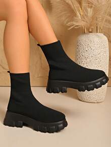 New Plus Size Women's Boots, Elastic Sock Boots, Casual High-Top, Breathable, Lightweight, Knitted Mid-Calf, Thick Sole, Outdoor, Vacation, Stitching, Solid Color, Comfortable, Daily, Non-Slip, Outdoor, Party, Polyurethane Sole, Soft, Not Heavy, Not Tiring, Outdoor - Black - View 18