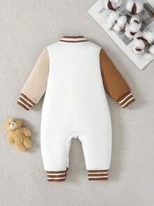 男婴针织毛绒罗纹长袖连体衣，拼接棒球熊图案，休闲可爱保暖连体衣，秋冬季 - 棕色 - 查看 10