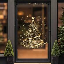 1pc Gold Christmas Tree Christmas Gift Static Cling Glass Window Sticker, Christmas Holiday Glass Sliding Door Decor Window Sticker  Christmas Decor  Christmas Decorations Stickers Wall Stickers Room Decor Wall Decor Christmas Decoration Home Decor