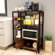 Modern Freestanding Kitchen Bakers Rack With 2 Baskets,Microwave Oven Stand With Shelves,Utility Storage Shelf With Metal Frame,Small Coffee Bar Station,Brown
