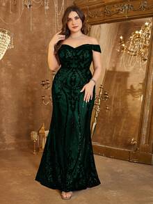 UNITHORSE Plus Size Women Off Shoulder Backless Dress, Glitter Sequins Decoration, Elegant Evening Party Dress, Bride Dress, Birthday Outfits, Graduation Dress, Formal Dress, Fall Women Clothes - 墨綠色 - 查看 1