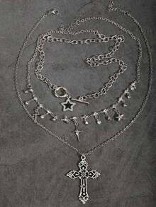 3 件套复古哥特朋克风格水钻星星闪亮多层项链套装，水钻星星，十字架吊坠项链，Y2K 欧美风格女士项链 - 銀色 - 查看 4