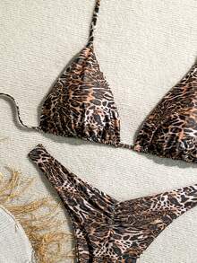 豹纹加大码挂脖比基尼，丁字裤底，高弹力泳衣，女士休闲性感款 - 銅色 - 查看 3