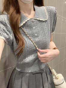 Peter Pan Collar Puff Sleeve Knit Sweater For Women, Sweet & Versatile Top, Summer 2025 New Arrival - Grey - View 5