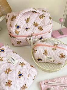 1 PC Pink Striped Bear Make Up Bag,Halloween,Trick Or Treat,Fashionable And Casual Large Capacity Portable Zipper Makeup Bags,Travel Storage Stationery Storage,Vacation Essentials Cosmetic Bags For Pouch Pads,Wired Earphones,Earpods,Headphones,Charger,Lipsticks,Cosmetics,Perfume,Skin Care And Beauty Products,Home Decor,For Mom,Women,Nurses,Students,School Girls,Keys,Holiday Gifts