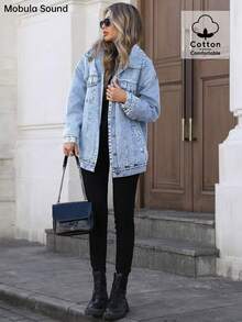 百搭休闲运动时尚女士夹克，春秋冬保暖内衬蓝色 Y2K 学生学院年轻风格牛仔布