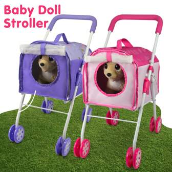 ANIVIA Pet Stroller And Accessories For Kids Ages 3 To 7 Year Olds, Dog Toy For Toddlers, 2 Pieces Play Dog Set, Puppy Party Playset With 1 Pet Puppy Included Pink, Puppy Doll Stroller