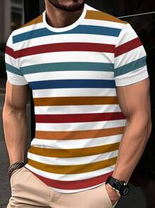 2025 Vintage Striped Digital Print Pattern Men's Round Neck Mesh Fabric Short Sleeve T-Shirt, Street Style - Multicolor - View 2