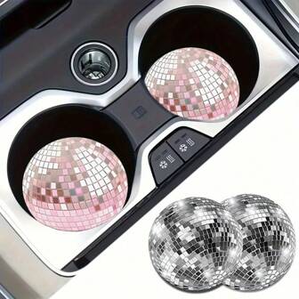 2pcs Disco Ball Pink Car Cup Holders, 2.8 Inch Round Decorative Car Cup Mats, Home And Auto Drink Coasters, Unisex Car Interior Accessories, Decorative Coasters, Suitable As Gifts For Family And Friends On Holidays And Birthdays