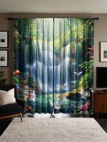 2pcs Nature Style Waterfall & Forest Landscape Blackout Curtains, Polyester, With Rod Pocket, Modern Design, Machine Washable, Suitable For Bedroom And Multiple Rooms - Multicolor 2 - View 6