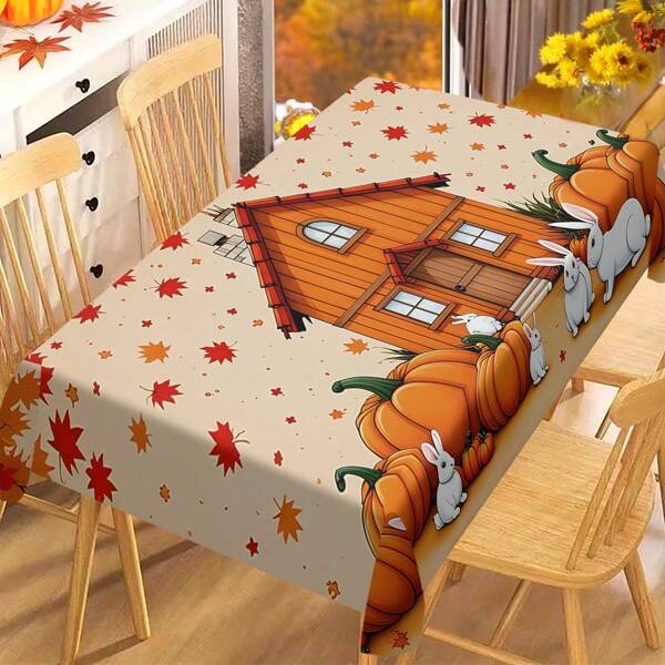 1/20pcs Autumn Thanksgiving Tablecloth, Classic Red Maple Leaf, Pumpkin And White Rabbit Pattern Autumn Tablecloth, Thanksgiving Atmosphere Decoration, Vibrant Table Setting, Suitable For Home, Kitchen, Restaurant And Picnic Use