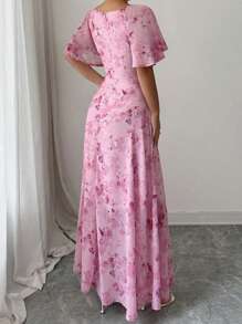 Ladies' Daily Elegant Square Neck Printed Long Skirt - 粉色 - 查看 2