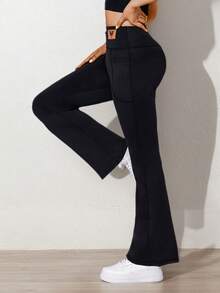 1件装蝴蝶印花高腰口袋瑜伽裤，女士休闲喇叭裤，适合秋冬季节，户外骑行、健身、瑜伽皆宜，黑色抓绒面料 - 黑色 - 查看 4