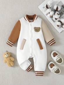 男婴针织毛绒罗纹长袖连体衣，拼接棒球熊图案，休闲可爱保暖连体衣，秋冬季 - 棕色 - 查看 4