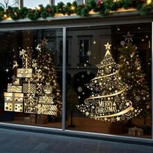 1pc Gold Christmas Tree Christmas Gift Static Cling Glass Window Sticker, Christmas Holiday Glass Sliding Door Decor Window Sticker  Christmas Decor  Christmas Decorations Stickers Wall Stickers Room Decor Wall Decor Christmas Decoration Home Decor