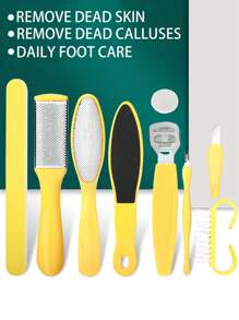Raspador de pies 10 en 1 Eliminador de piel muerta y callosidades, Plancha de pies, Moledor de pies, Herramienta de pedicura, Juego de cuchillos exfoliantes amarillos para pedicura, Cuidado de los pies, Juego de herramientas de pedicura