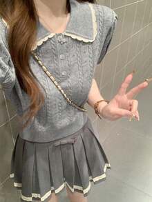 Peter Pan Collar Puff Sleeve Knit Sweater For Women, Sweet & Versatile Top, Summer 2025 New Arrival - Grey - View 6