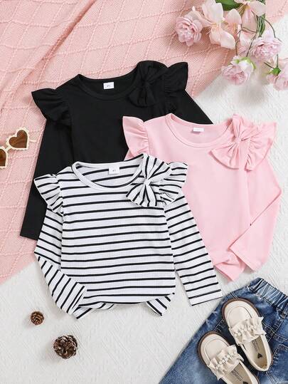 Set de 3 piezas de blusas de manga larga con lazo para niñas pequeñas en color negro, rosa y rayas negro y blanco con encaje floral, para otoño/invierno