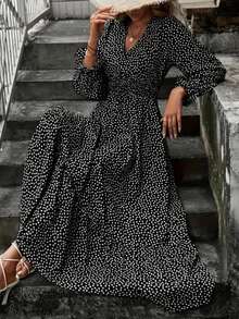 Women's Polka Dot V-Neck Dress - Light Luxury Mature Style Waist-Cinched Flared Sleeve, Spring Fall Summer Print Elegant Versatile Maxi Dress - 黑色 - 查看 6