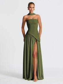 Elegant Sexy Strapless Slit Flowy Dress, Party Gown