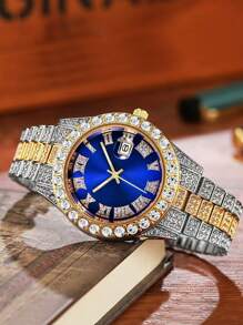 1 Stück Mode Luxus Volldiamant Herren Stahlgürtel Business Kalender Herren Quarzuhr, geeignet für Business, Partys und den täglichen Gebrauch, das perfekte Geschenk für Männer.