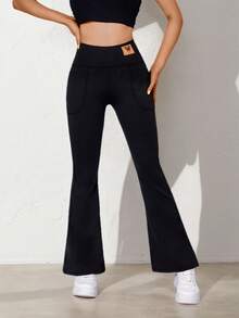 1件装蝴蝶印花高腰口袋瑜伽裤，女士休闲喇叭裤，适合秋冬季节，户外骑行、健身、瑜伽皆宜，黑色抓绒面料 - 黑色 - 查看 2