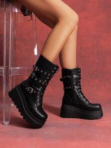 DREAM PAIRS Women's Platform Mid-Calf Boots Cyberpunk Combat Style Multiple Buckle Straps Round Toe Side Zipper Anti-Slip Thick Heel Outdoor Halloween Chunky Heel Music  Festival Party Black Boots - 黑色/PU - 查看 7