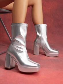 Women's Chunky Platform Mid-Calf Boots Waterproof Square Toe Fashionable Lightweight Comfort Elegant Bright Solid Color Side Zipper Classic For Parties Dress Festival Ankle Go Go Silver Boots - 銀色 - 查看 4