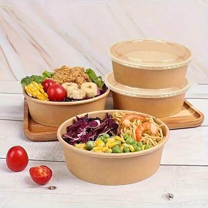 50 个带盖一次性纸碗 - 适用于沙拉、甜点和汤 - 非常适合外卖、露营和厨房使用，防水食品容器
