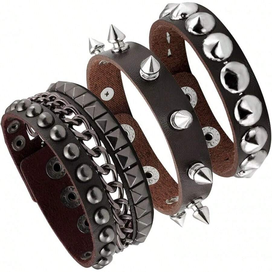 Eigso 3 Pcs Leather Punk Bracelets Men Women Of Rock Rivet Wrap Retro Spike Bracelet Adjustable - 布朗-1 - 查看 1