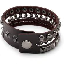 Eigso 3 Pcs Leather Punk Bracelets Men Women Of Rock Rivet Wrap Retro Spike Bracelet Adjustable - 布朗-1 - 查看 10