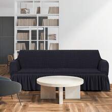 AMOROSA 3 Pieza Funda Cubre Sala con Falda Tipo Plumeti Funda de Sofá Lavable Elástica Fácil de Instalar Fundas para Sillones Sala  (1 plaza, 2 plazas, 3 plazas) Decoración Sala Negro - Negro - Ver 3