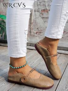 Giày bệt mũi tròn màu kaki thu/đông dành cho nữ, giày công sở chống trượt bằng da PU, giày lười tối giản, giày bà già cổ điển - kaki - Xem 4