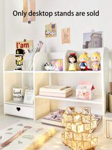 1个白色桌面收纳架，适用于卧室、客厅、办公室、书桌、梳妆台、宿舍，可收纳笔、马克笔、胶带、小雕像、书籍、电脑、杯子、化妆品等桌面物品。（请勿强行安装，标准尺寸，适合桌面使用）