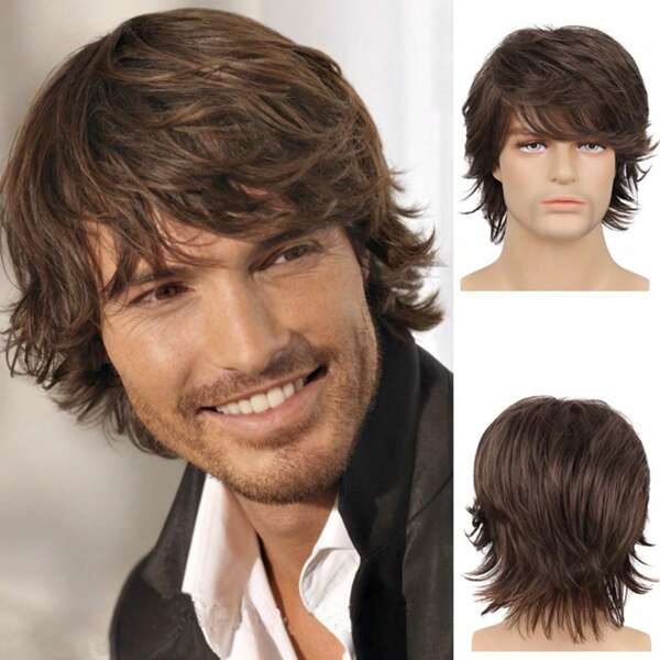 1 pieza Peluca corta de moda para hombres, con flequillo largo y esponjoso con raya lateral, cabello liso y esponjoso de 10 pulgadas, resistente al calor, apta para uso diario y Halloween