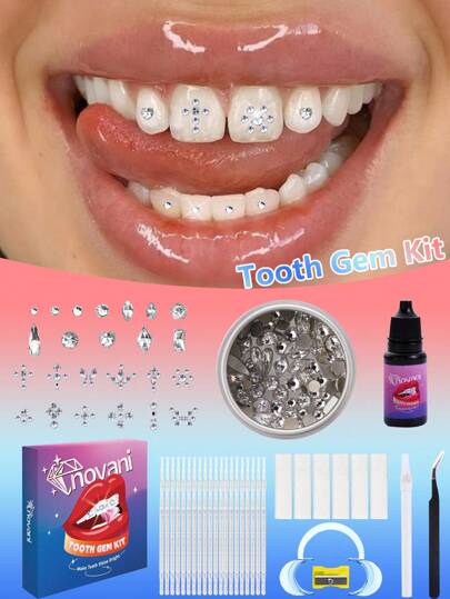 novani 1 caja Kit profesional de gemas dentales DIY, kit de joyería dental de cristal fácil y brillante con pegamento para una sonrisa de moda, kit inicial de joyería dental