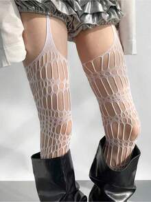 1 Pair Of Spider Web Suspenders, High Tube Hollow Mesh Socks, Long Tube Knee High Suspender Socks, Hollow Socks, Suitable For Daily Parties - 白色 - 查看 2
