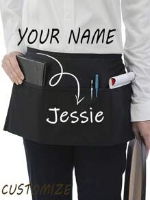 1Pc Personalized CustomUnisex Polyester Apron With 3 Pockets - Customizable Short Half Waist Waiter Work Uniform Hair Stylist Black Apron Hairdresser Beauty Salon Cosmetologist Cosmetology School Barber Gift Custom,For Kitchen, Hotel, Restaurant, Cooking, Baking, And Chef Use, Perfect For Personalized Text Or Logo, Custom Cooking Utensils With Text And Personalized Photo,Washing Gloves