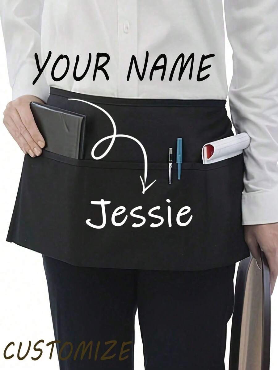 1Pc Personalized CustomUnisex Polyester Apron With 3 Pockets - Customizable Short Half Waist Waiter Work Uniform Hair Stylist Black Apron Hairdresser Beauty Salon Cosmetologist Cosmetology School Barber Gift Custom,For Kitchen, Hotel, Restaurant, Cooking, Baking, And Chef Use, Perfect For Personalized Text Or Logo, Custom Cooking Utensils With Text And Personalized Photo,Washing Gloves