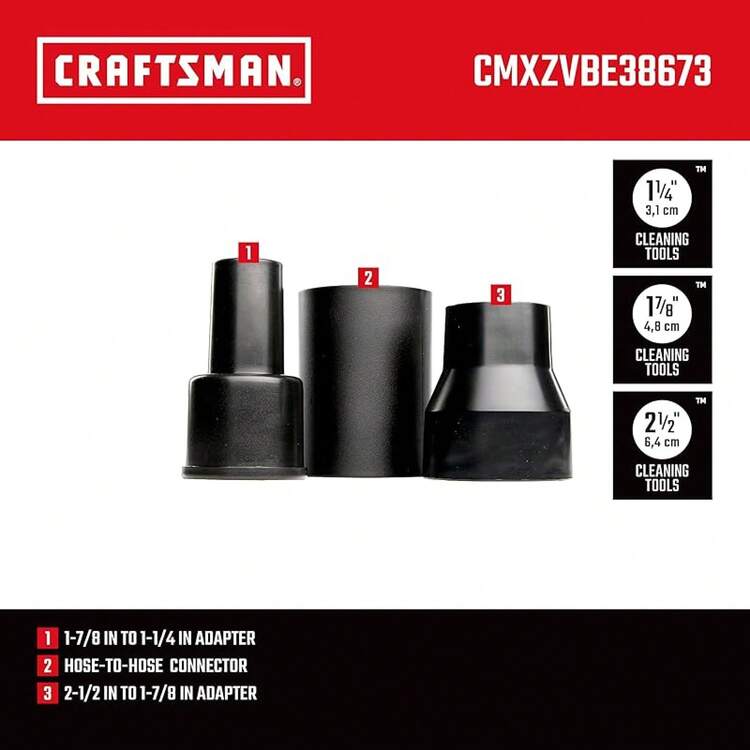 CRAFTSMAN Kit de accesorio para aspiradora de grado industrial - Conector de manguera para aspiradora - 3 piezas - Negro - Plástico - 3 unidades. Kit adaptador. - Añade 4