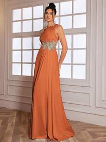 女士优雅正式晚礼服，高开衩设计，饰有3D立体贴花，高端品质，适合派对、婚礼宾客、春季晚宴等场合。 - 橘色 - 查看 7