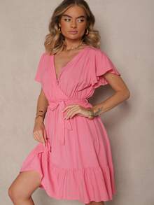 Viscose Dress With Wrap Neckline And Belt - Pink - View 4