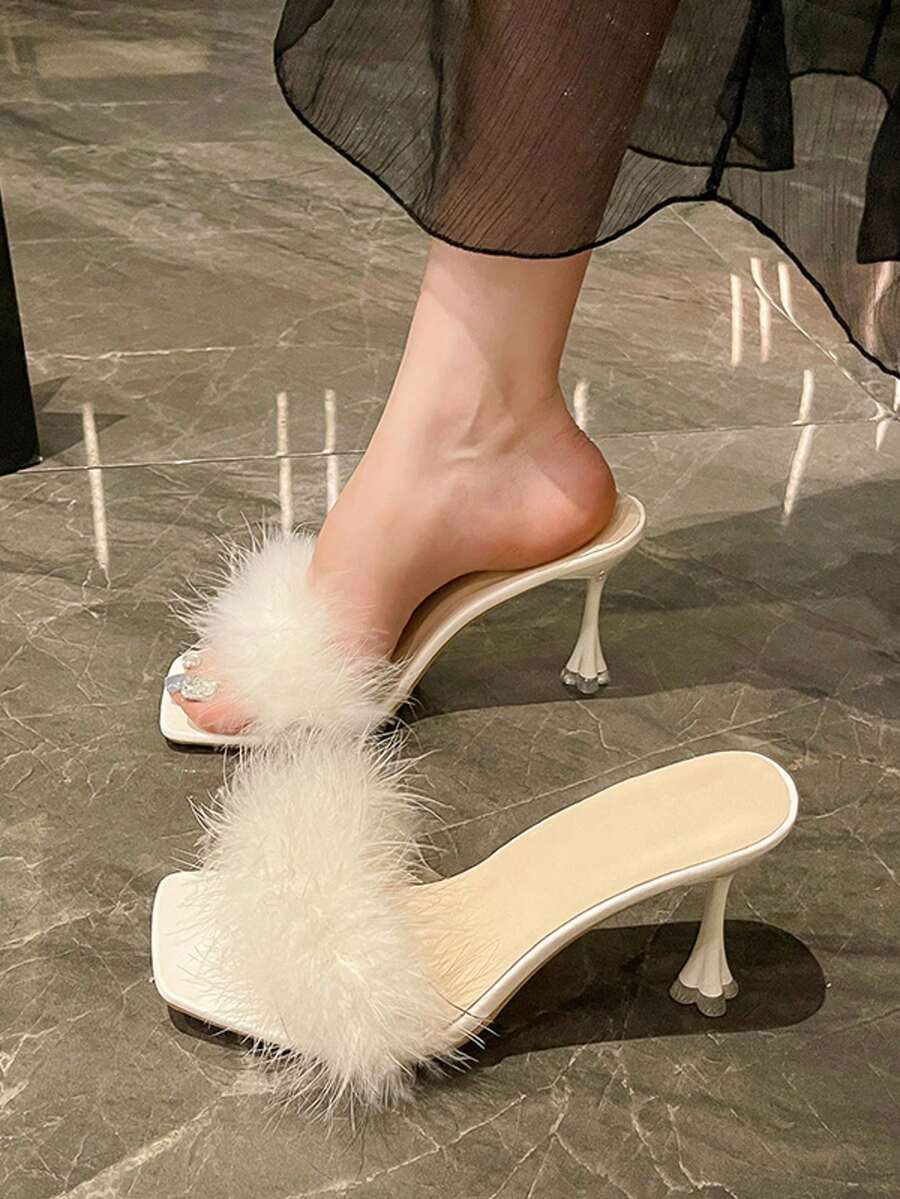 女士毛茸茸细高跟露趾凉鞋，春夏新品 - 白色 - 查看 1