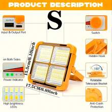 1PC Portable Outdoor Solar Light Camping Light 144/264 LED Safety Lighting Night Light, 1000LUM Outdoor Solar Courtyard Wall Light Outdoor Safety Lighting Work Light, Camping Fishing Spotlight Ground Light, 18650 Lithium Battery Rechargeable High Power Camping Light, 4/5 Lighting Modes Free Selection, USB Rechargeable,