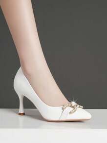 Black Pointed Toe Stiletto High Heels, Versatile - White - View 4