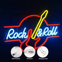 摇滚吉他霓虹灯，摇滚霓虹灯，鲜艳多彩，USB 供电双吉他设计墙面装饰，适用于酒吧、音乐室、男人窝、现场音乐会和独奏会