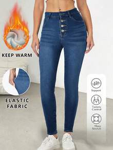 Winter Warm Thick Mid Waist Vintage Washed Elastic Skinny Jeans With Whisker Details Multiple Buttons - Blue - View 5